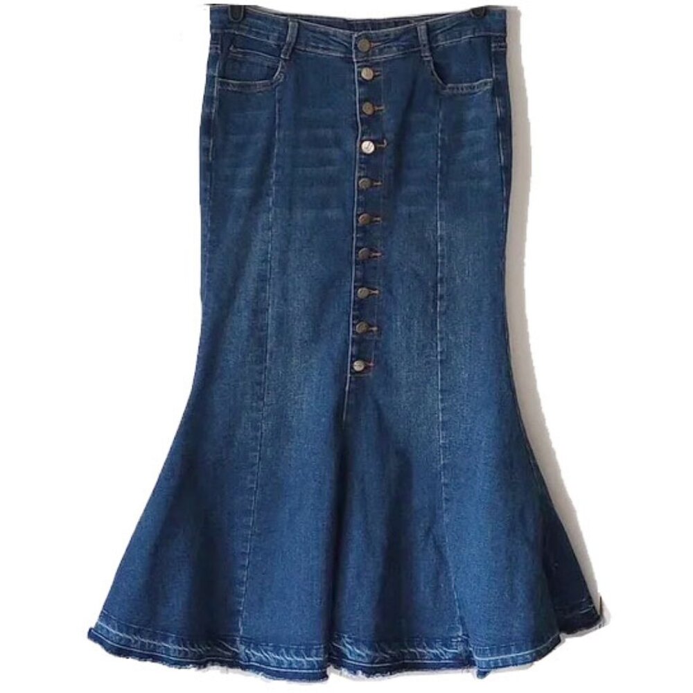 Lisueyne Button Front Fit'N'Flare Raw Hem Long Denim Skirt 31 Jean 50OFF3